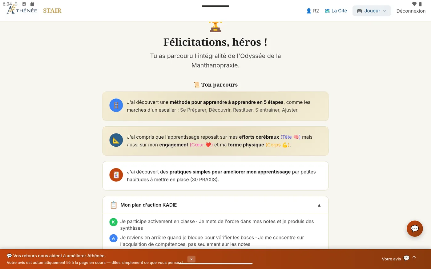 STAIR : récapitulatif de fin de partie et plan d'action personnalisé