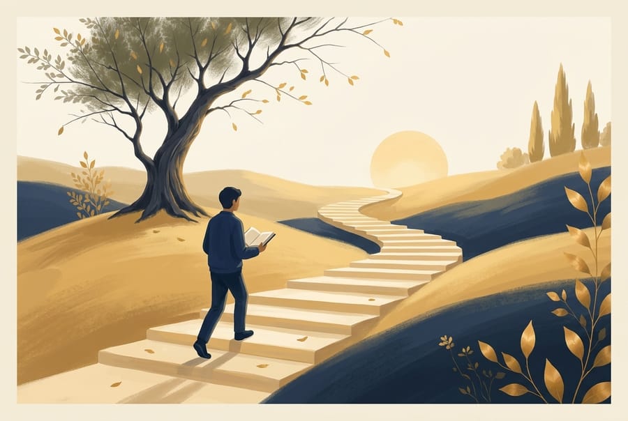 Un étudiant gravit un escalier de pierre doré vers le soleil, un livre à la main
